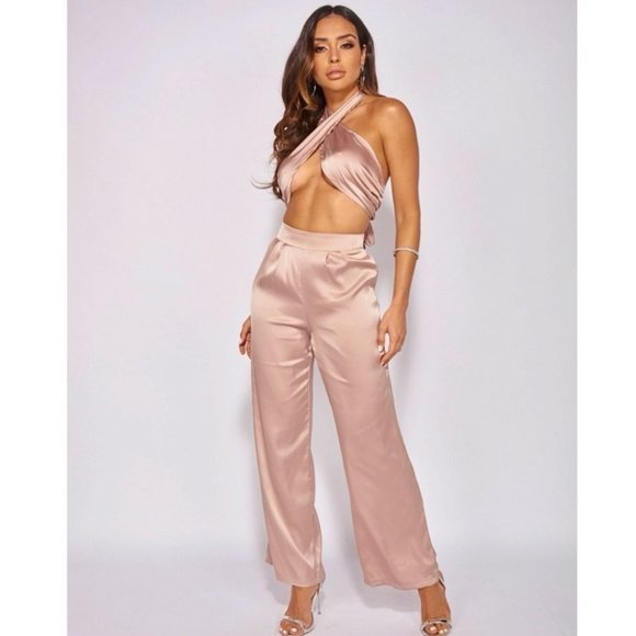 Nude Satin Silk Halter Neck Crop Top and High Waist Wide Leg Pants Two Piece Set - Picture 6 of 15